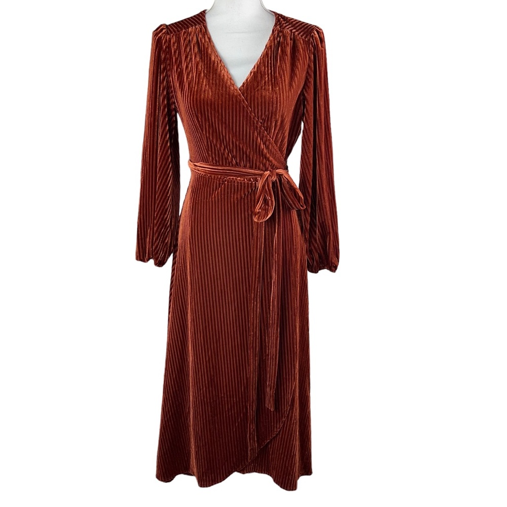 NWT Burnt Orange Ribbed Wrap Dress Long Sleeves Small - Picture 2 of 16